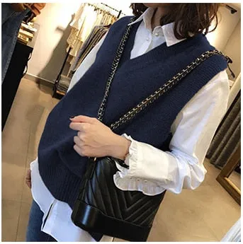 V neck Girls Pullover vest Autumn Winter short Knitted Sleeveless Warm Sweater