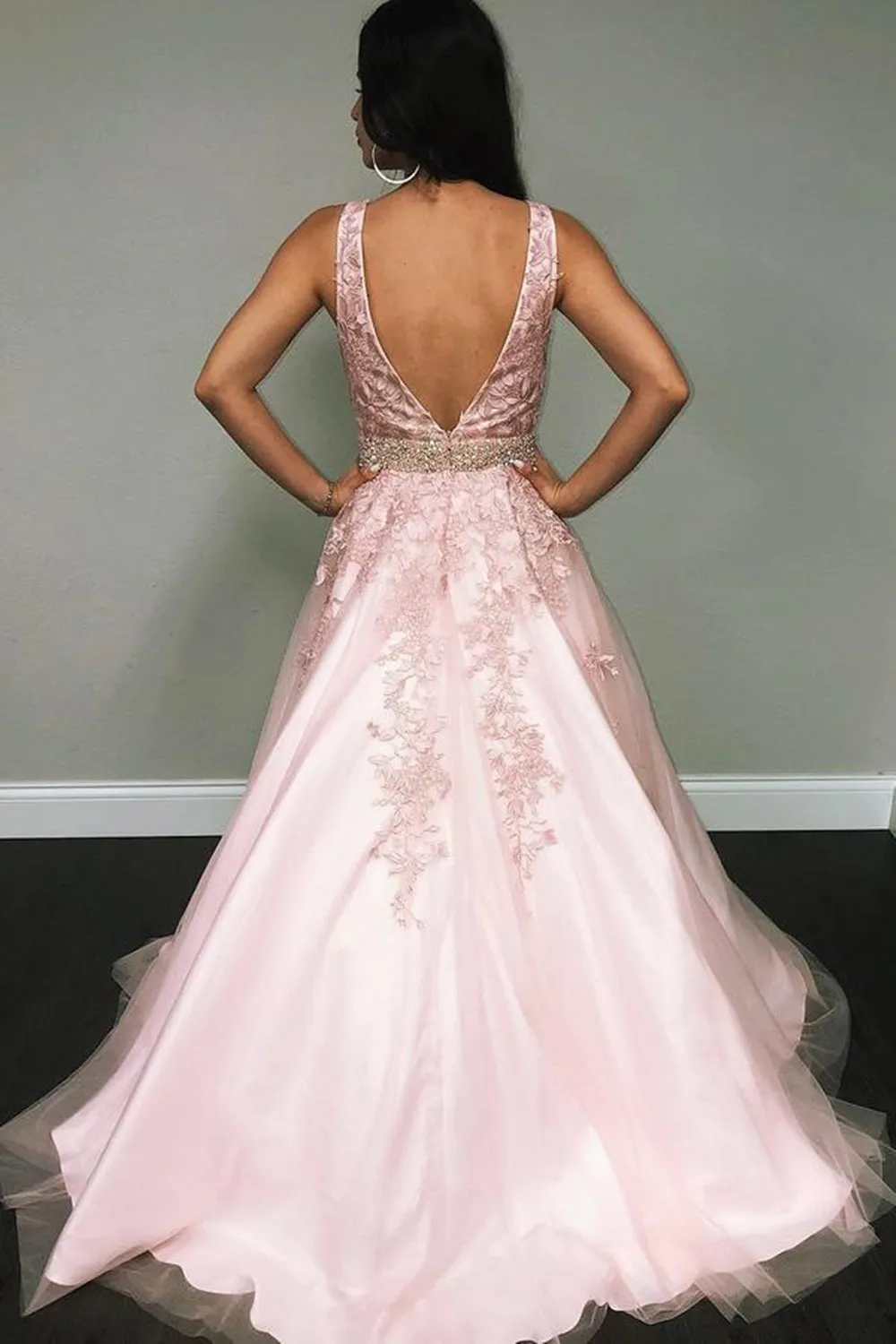 V Neck Open Back Pink Lace Long Prom Dress with Belt, Pink Lace Formal Evening Dress A1369