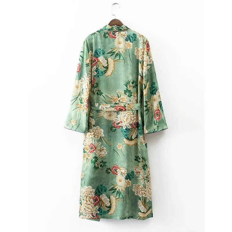 VenusFox Vintage Retro Floral Print Long Kimono Jacket