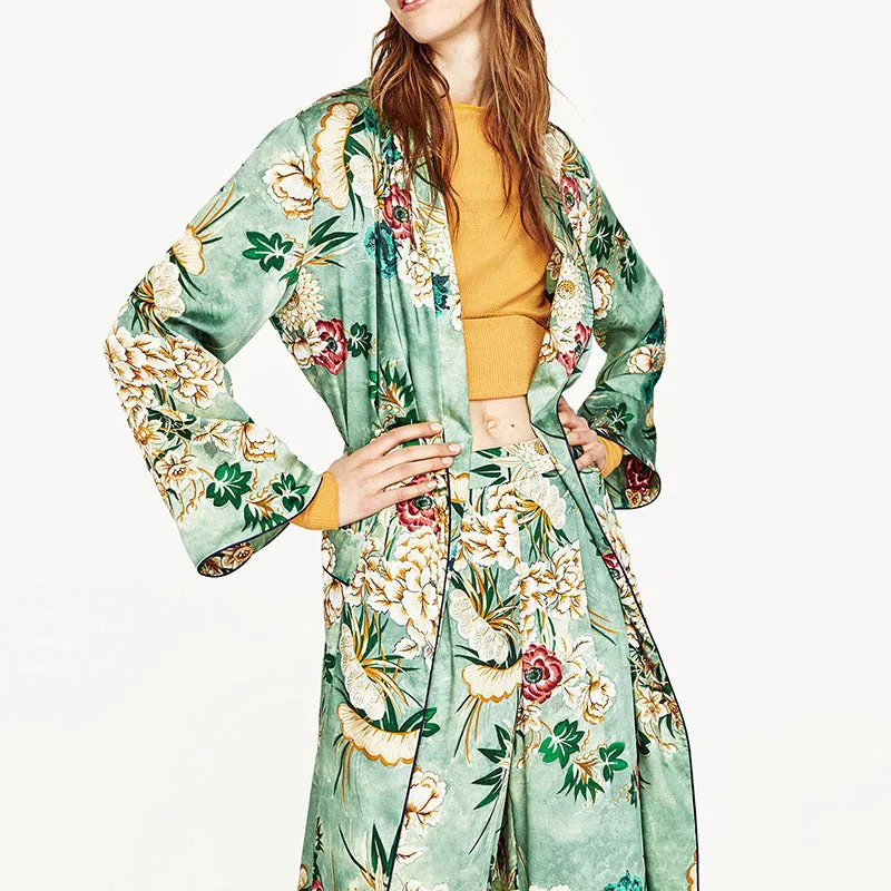 VenusFox Vintage Retro Floral Print Long Kimono Jacket