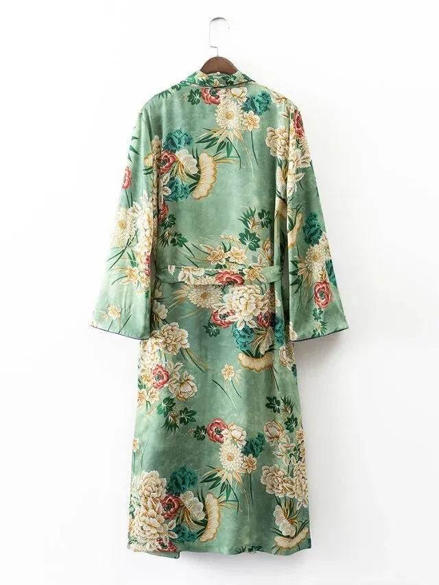 VenusFox Vintage Retro Floral Print Long Kimono Jacket