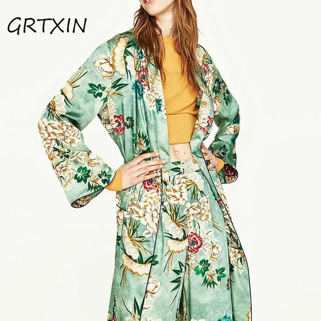 VenusFox Vintage Retro Floral Print Long Kimono Jacket