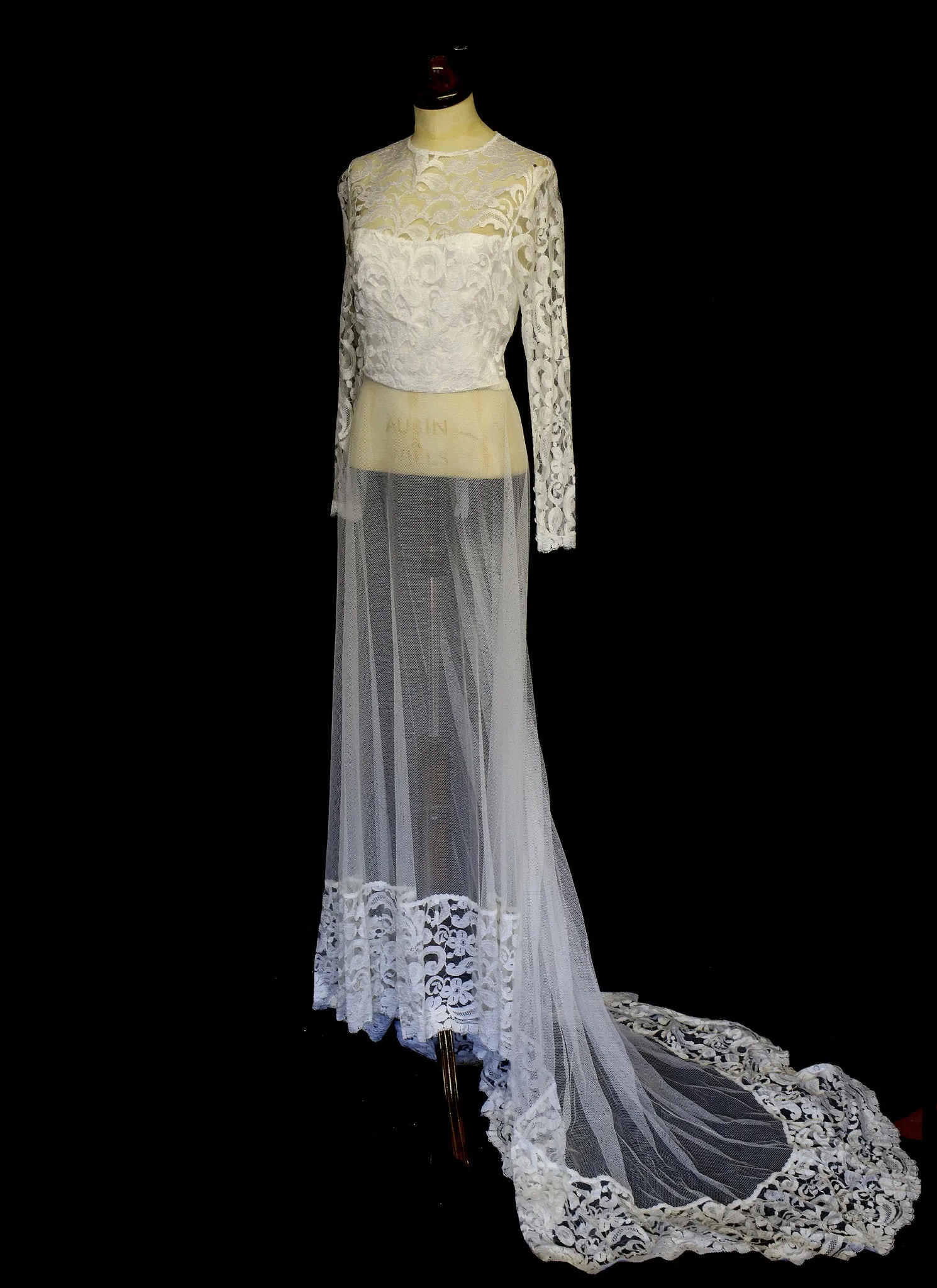 Vintage 1970s Sheer Lace Tulle Wedding Dress