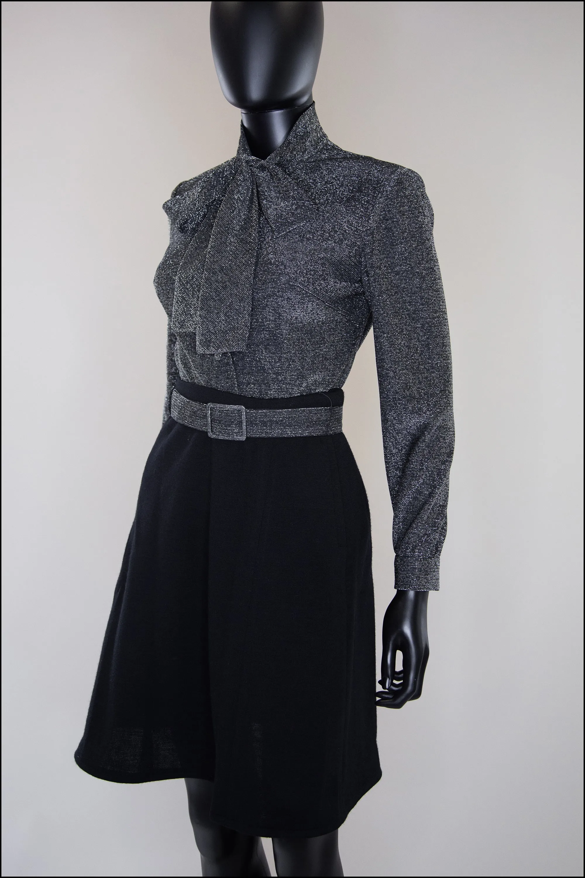 Vintage Black Silver Wool Mini Suit and Blouse