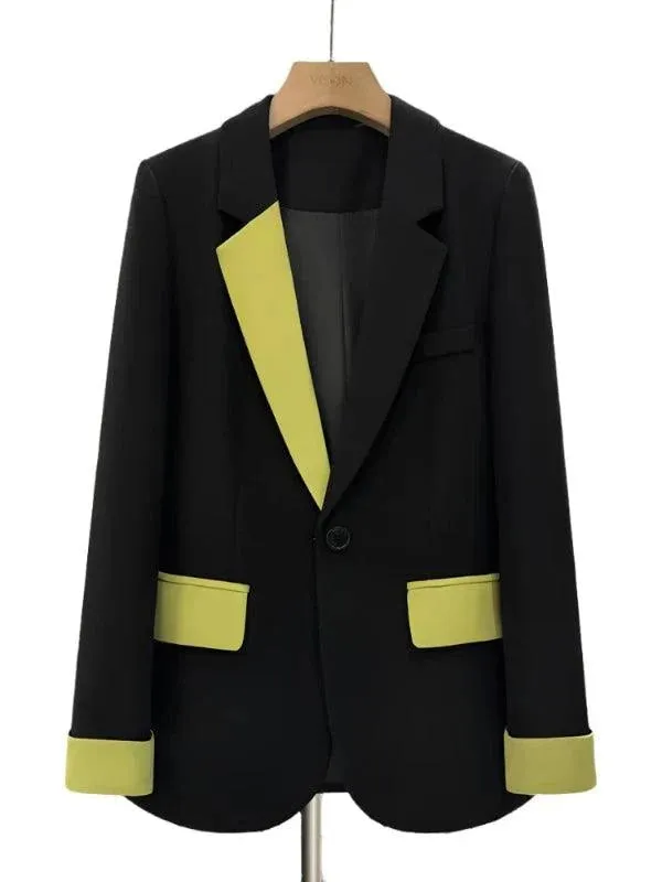 Wenkouban-Winter outfits Christmas Black Friday Patchwork Collar Black Oversized Blazer with Pockets