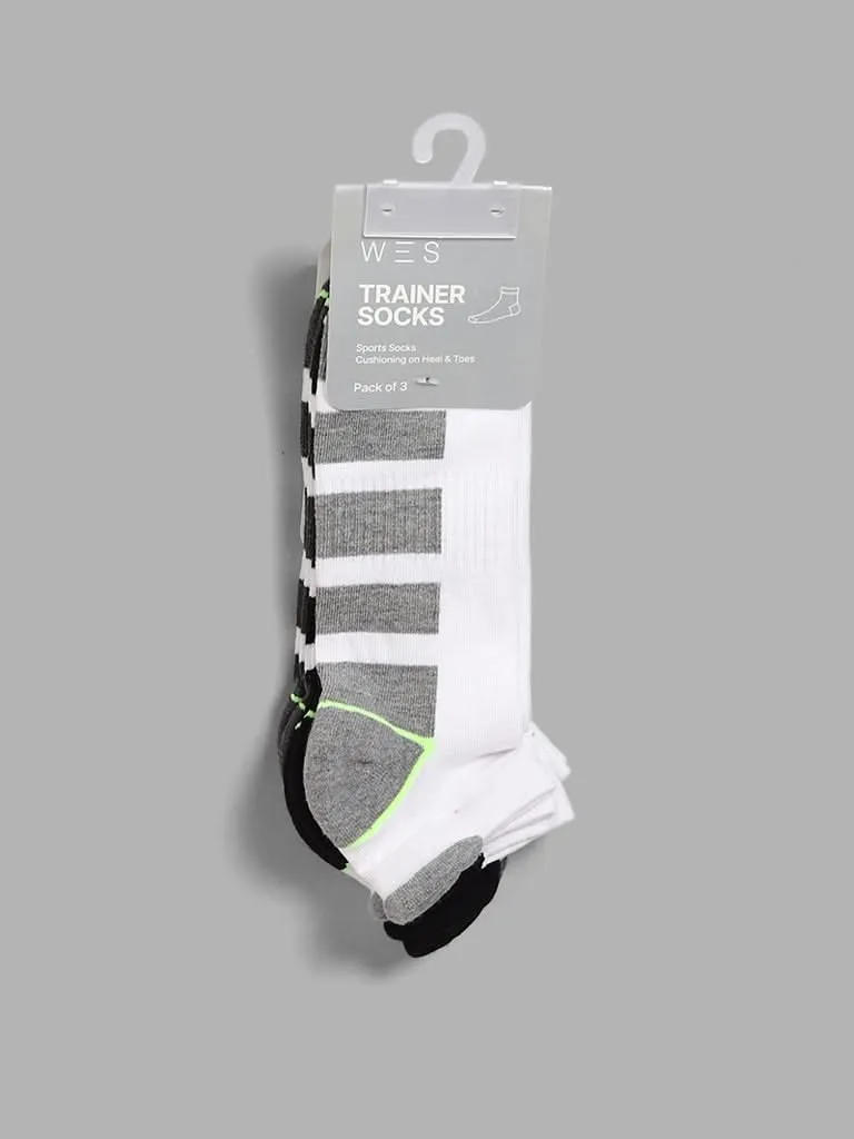 WES Lounge Grey Color Block Cotton Blend Trainer Socks - Pack of 3