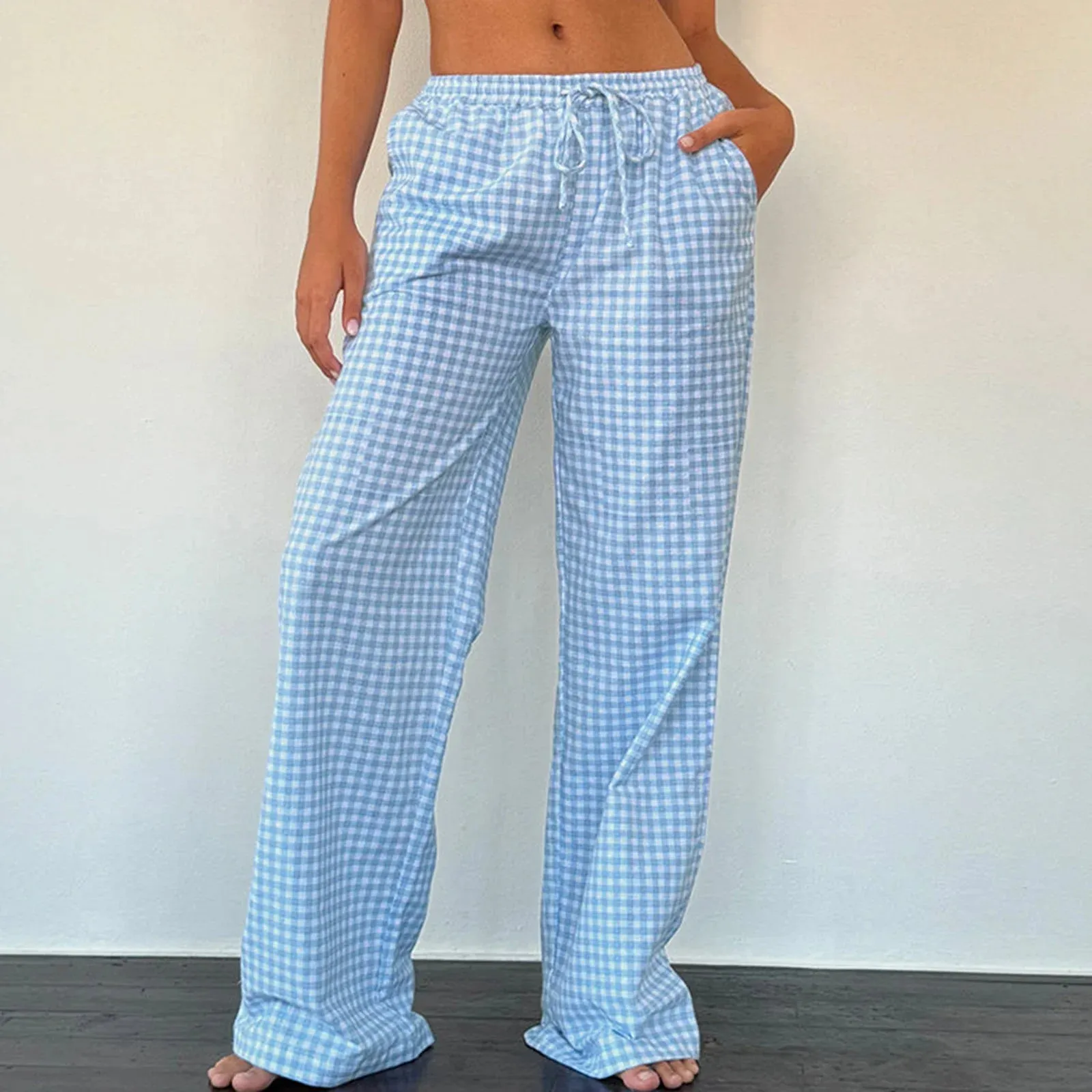 Wide Drawstring Elastic Plaid Solid Lounge Club Streetwear Casual Pants