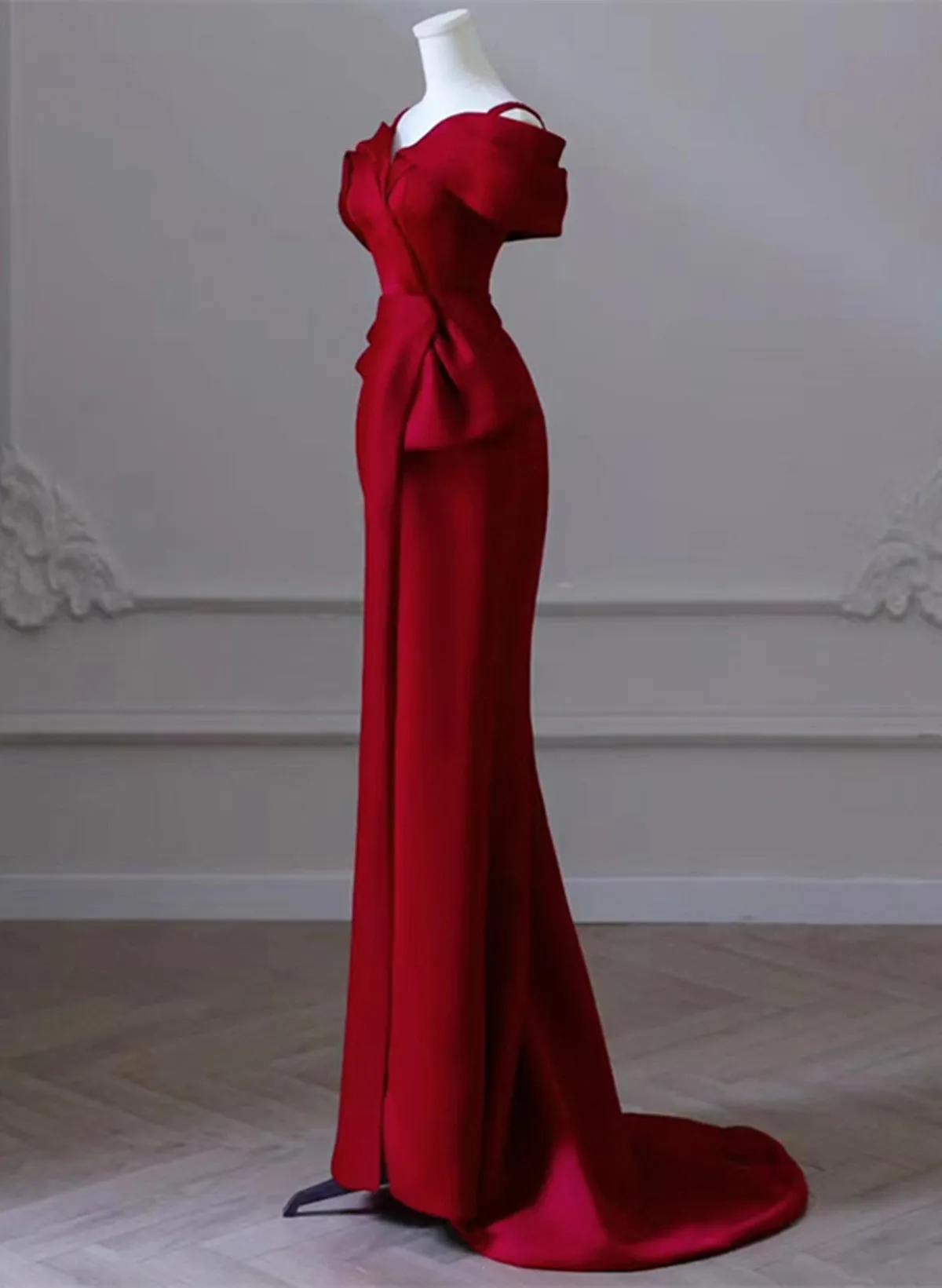 Wine Red Satin Mermaid Long Straps Long Party Dress, Wine Red Off Shoulder Prom Dress