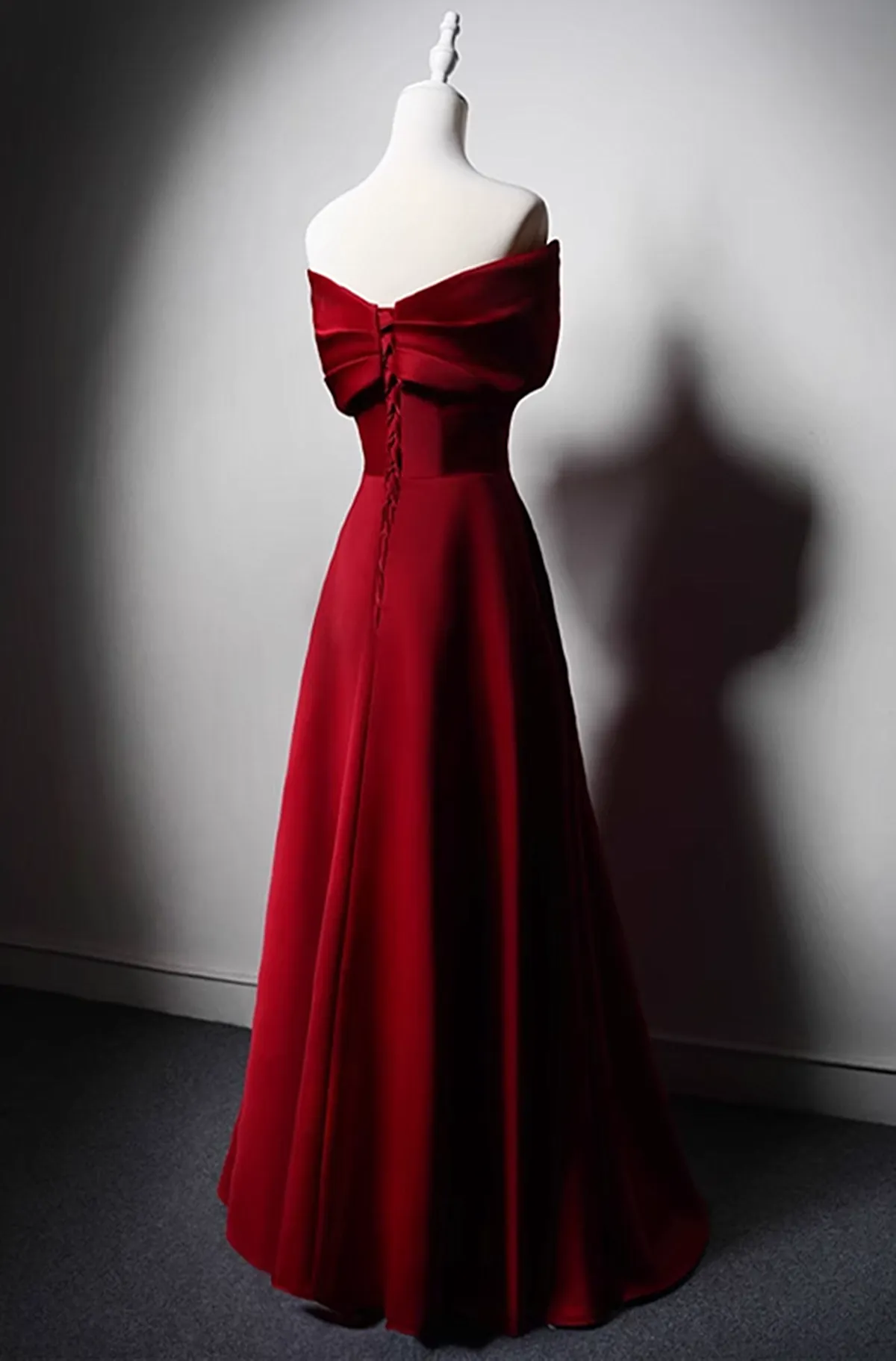 Wine Red Satin Off Shoulder Long Party Dress, A-line Wine Red Floor Length Prom Dress