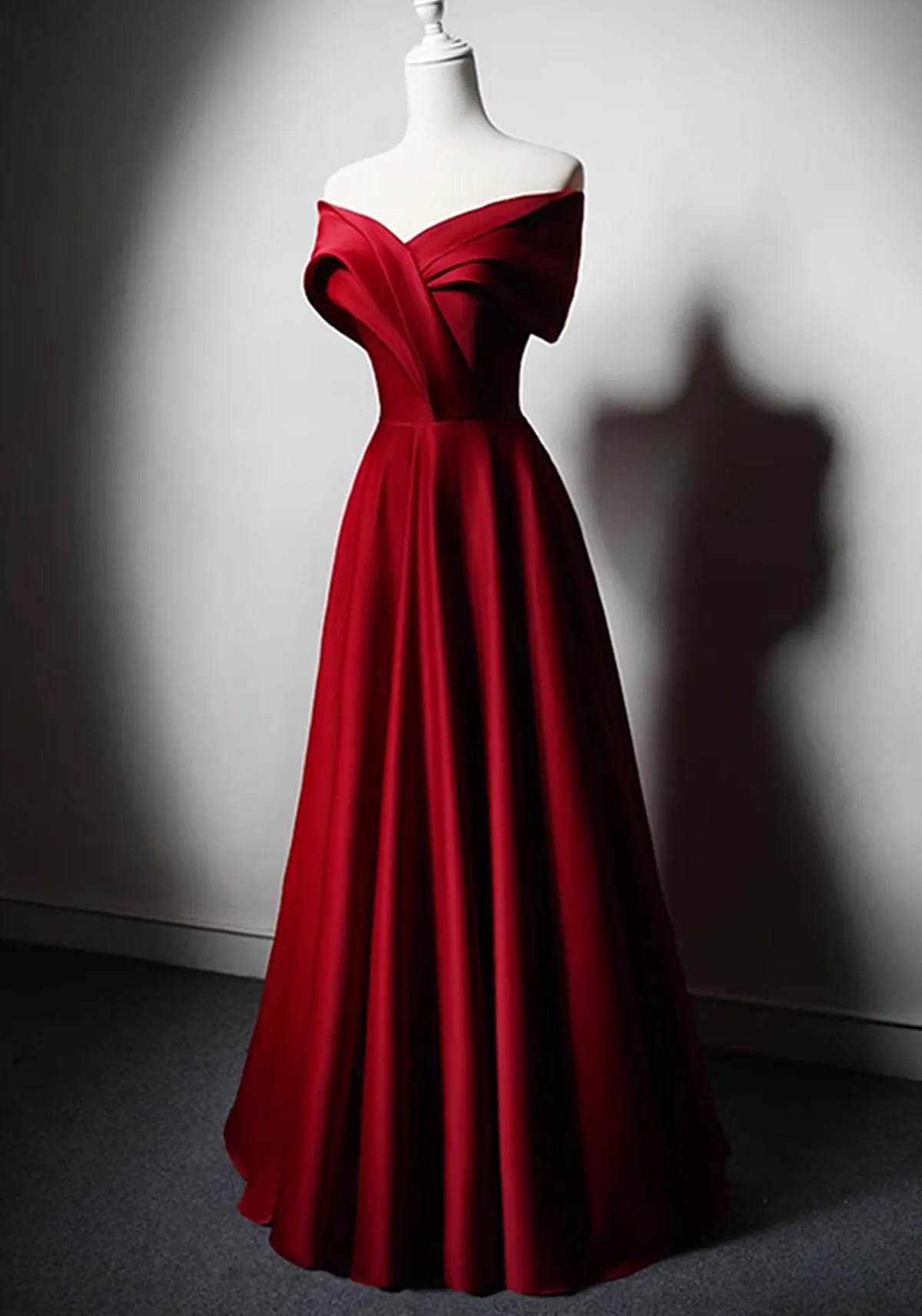 Wine Red Satin Off Shoulder Long Party Dress, A-line Wine Red Floor Length Prom Dress