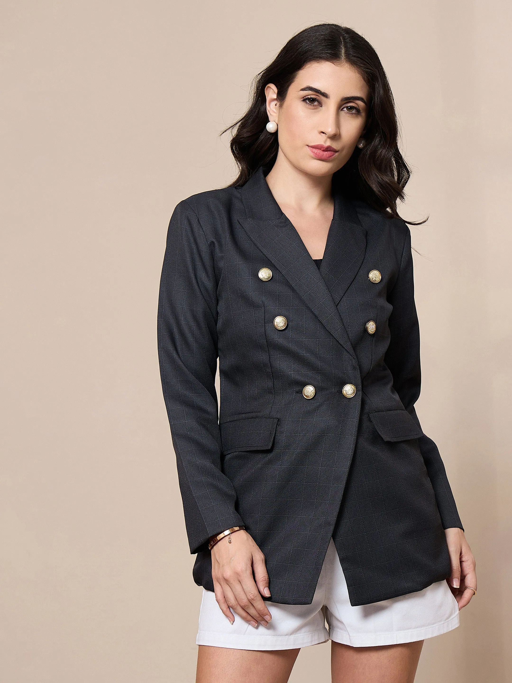 Women Grey Double-Breasted Check Blazer