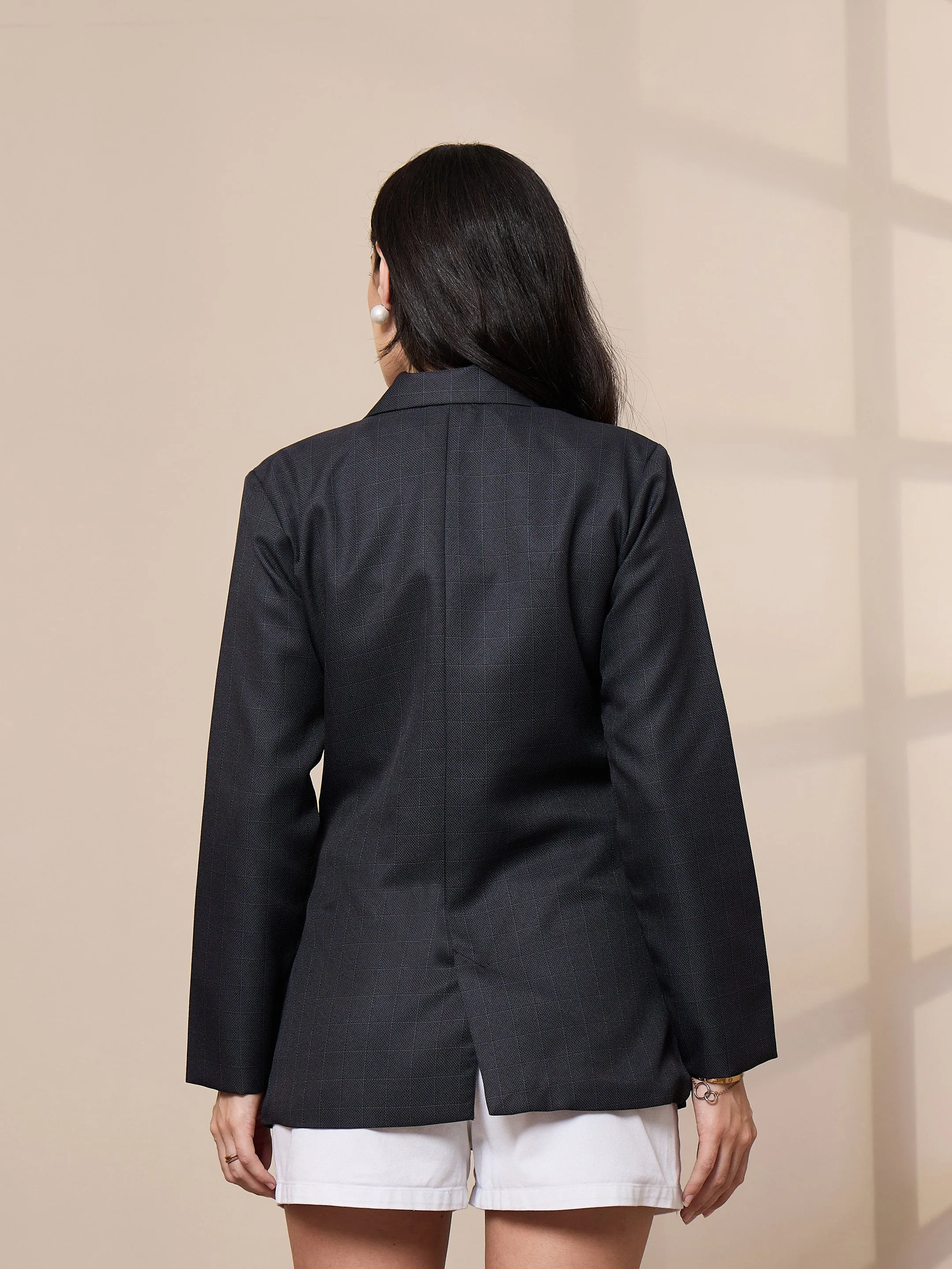 Women Grey Double-Breasted Check Blazer