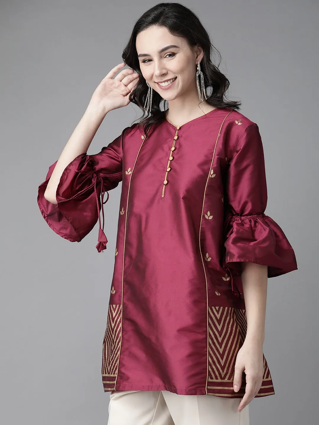 Women Magenta & Golden Silk Printed Tunic