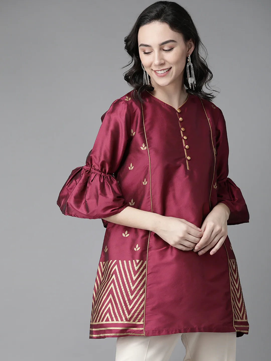 Women Magenta & Golden Silk Printed Tunic