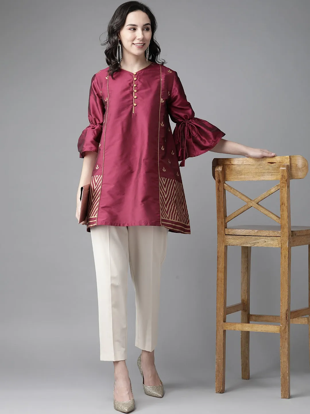 Women Magenta & Golden Silk Printed Tunic