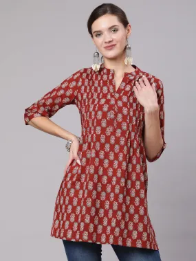 Women Maroon Ethnic Printed Straight Tunic With Three Quarter Sleeves