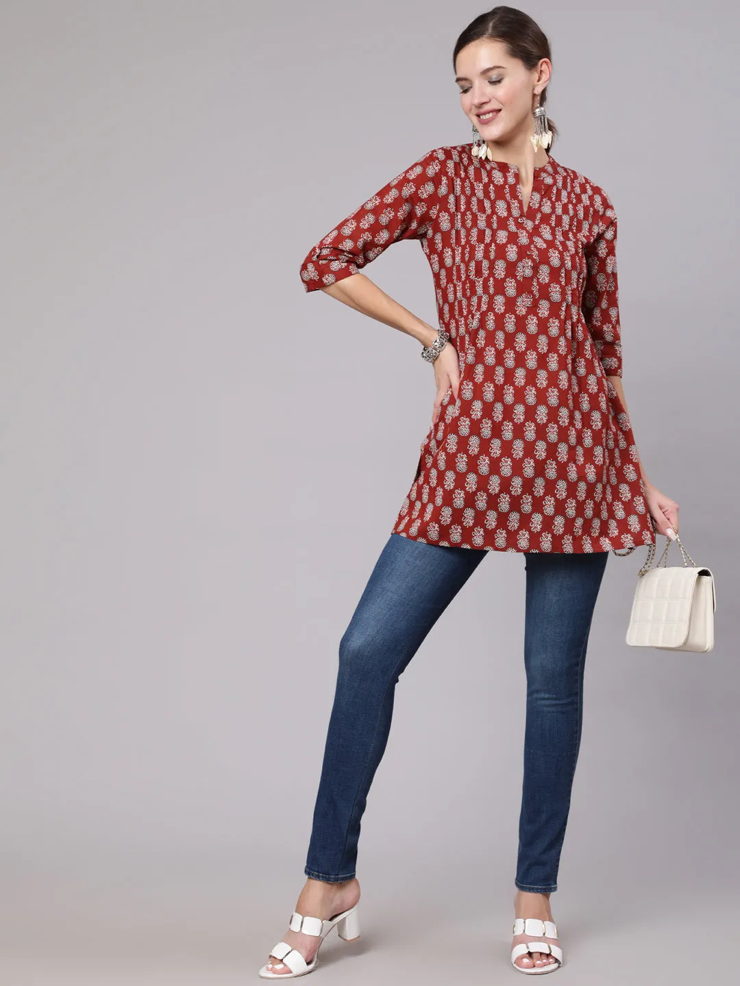 Women Maroon Ethnic Printed Straight Tunic With Three Quarter Sleeves