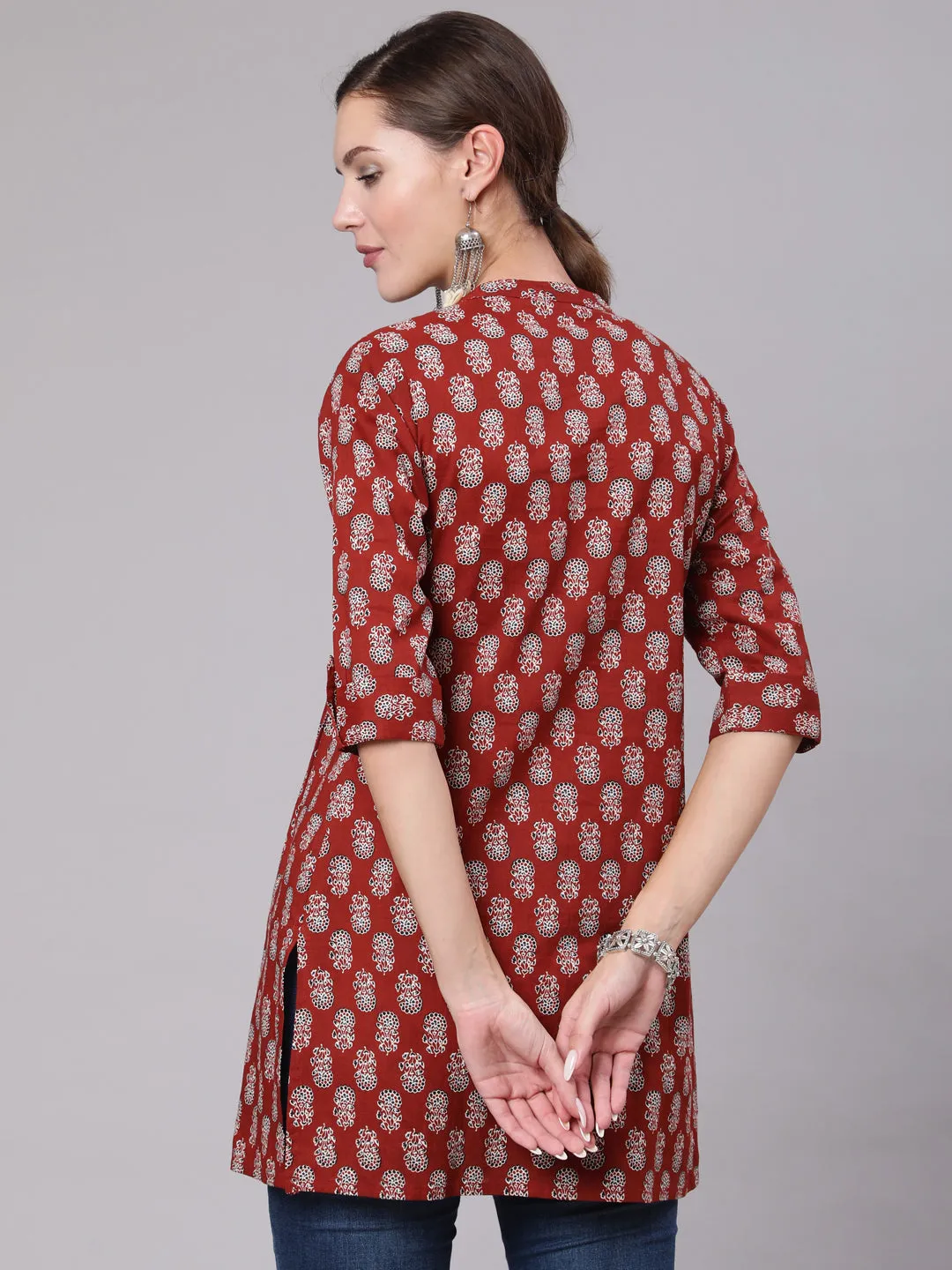 Women Maroon Ethnic Printed Straight Tunic With Three Quarter Sleeves