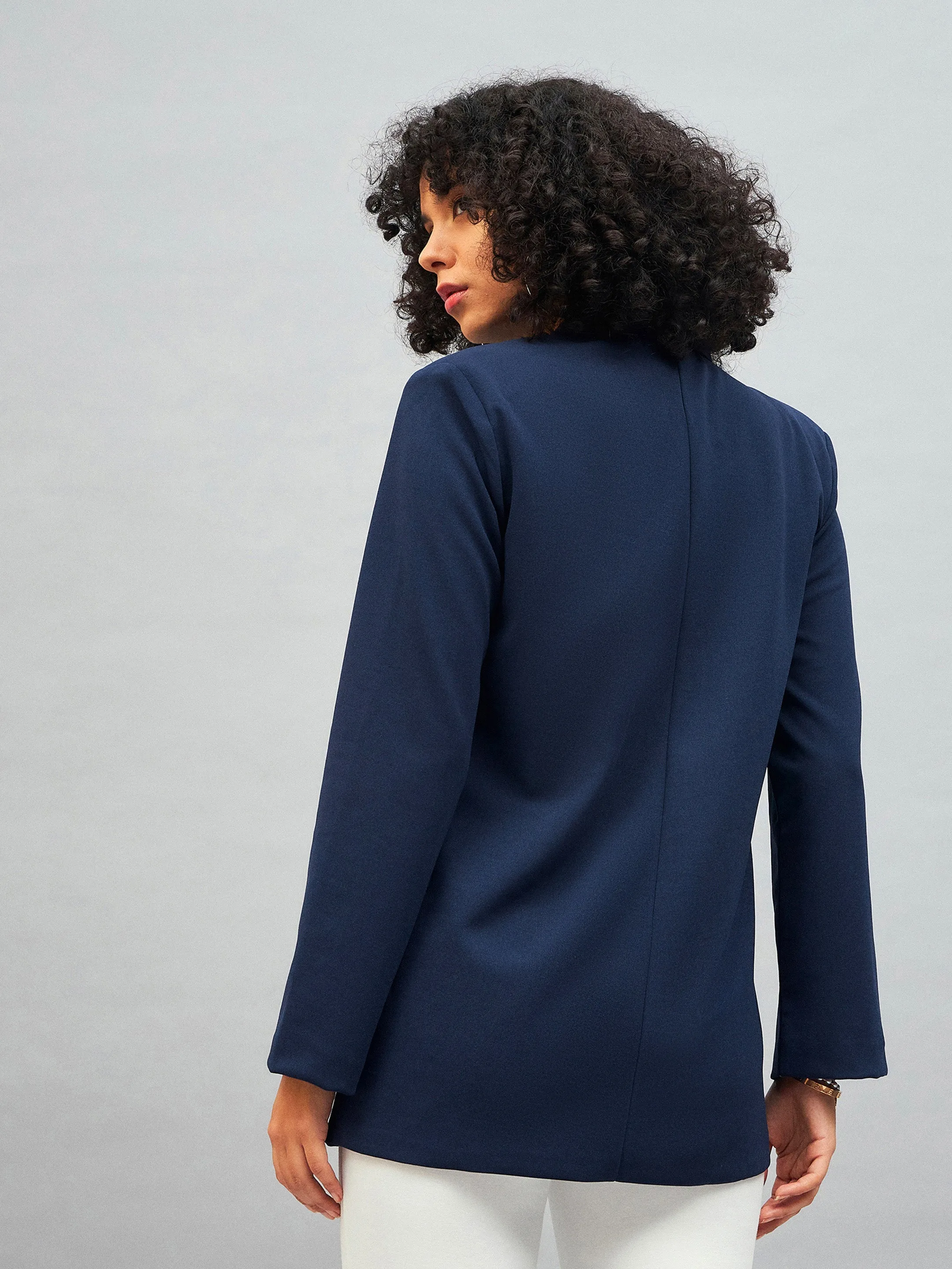 Women Navy Notch Collar Blazer