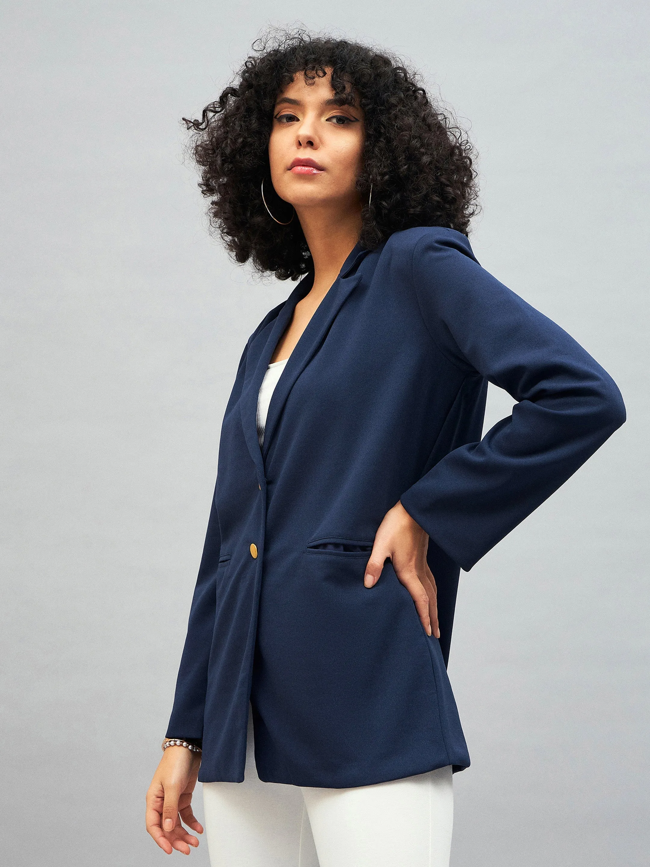 Women Navy Notch Collar Blazer