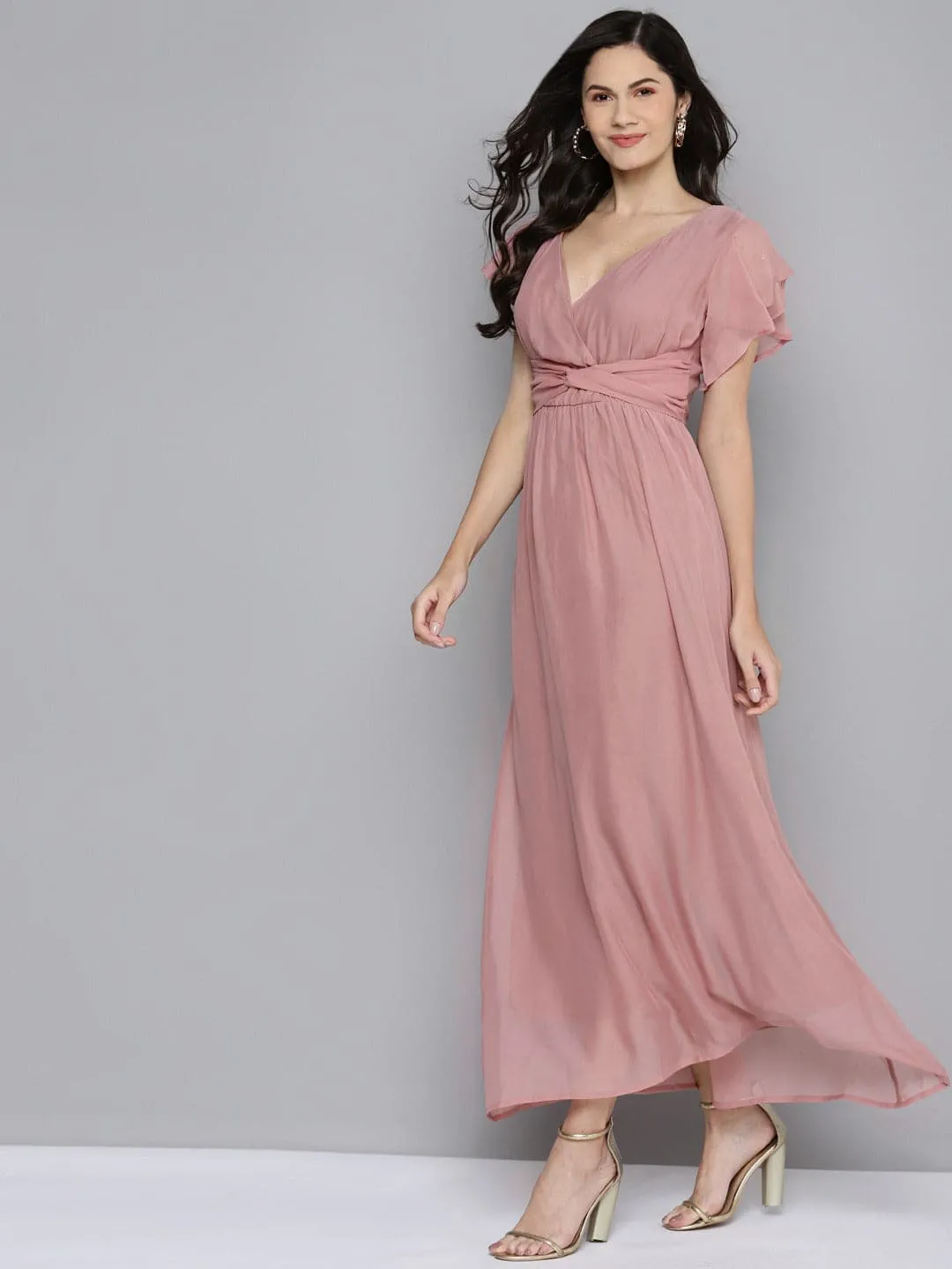 Women Onion Pink Wrap Belted Maxi Dress