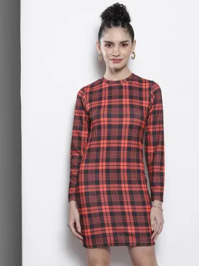 Women Red Check Knit High Neck Bodycon Dress