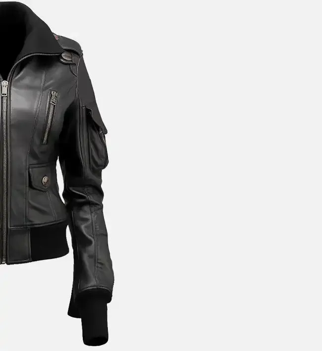 Women’s Black Leather Bomber Jacket