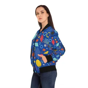 Women's Blue Geometric Bomber Jacket