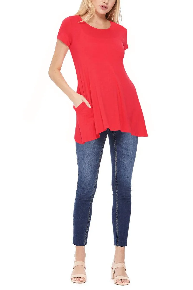 Women's Casual Short Sleeve Relaxed Fit Round Neck Side Pockets Tunic Top