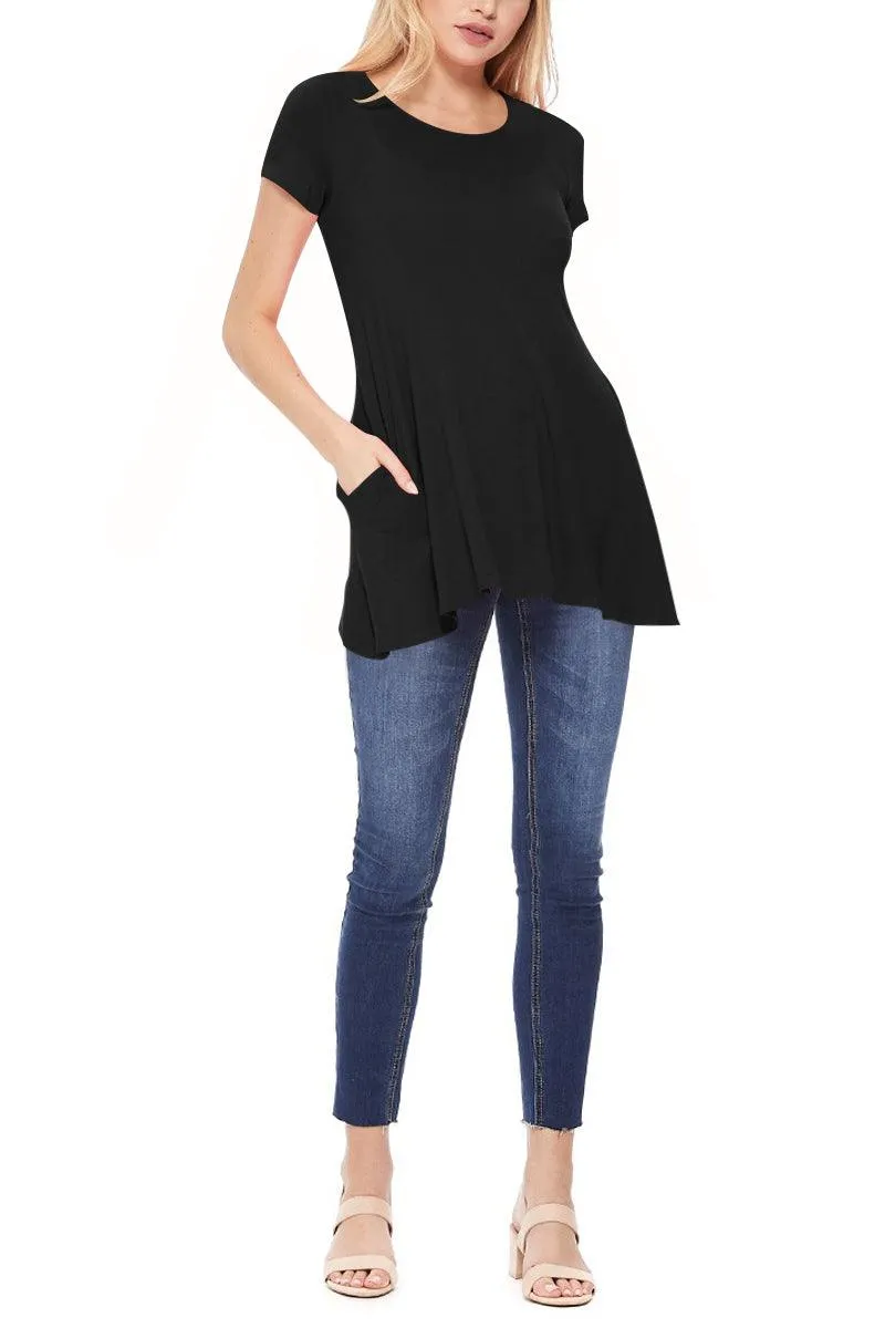 Women's Casual Short Sleeve Relaxed Fit Round Neck Side Pockets Tunic Top