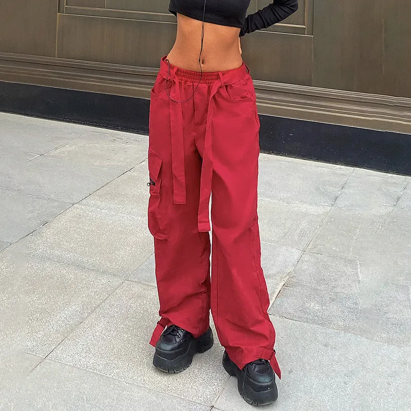 Women's Hip Hop Wide Belted Red Cargo Pants