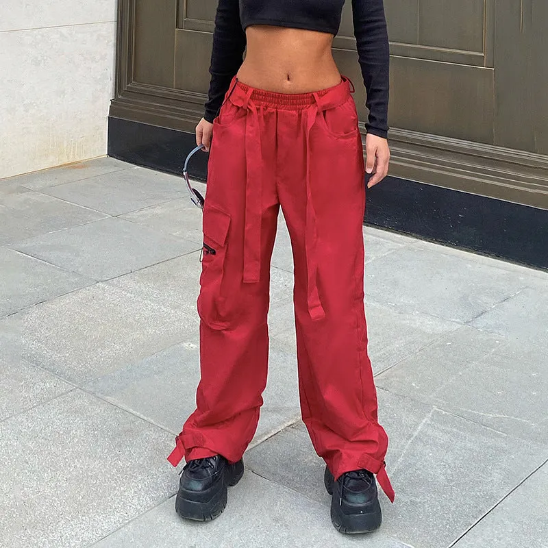 Women's Hip Hop Wide Belted Red Cargo Pants