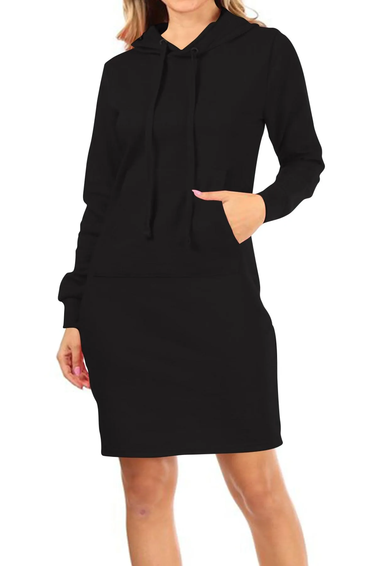 Women's Long Sleeve Fleece Pull On Mini Midi Solid Hooded Dress