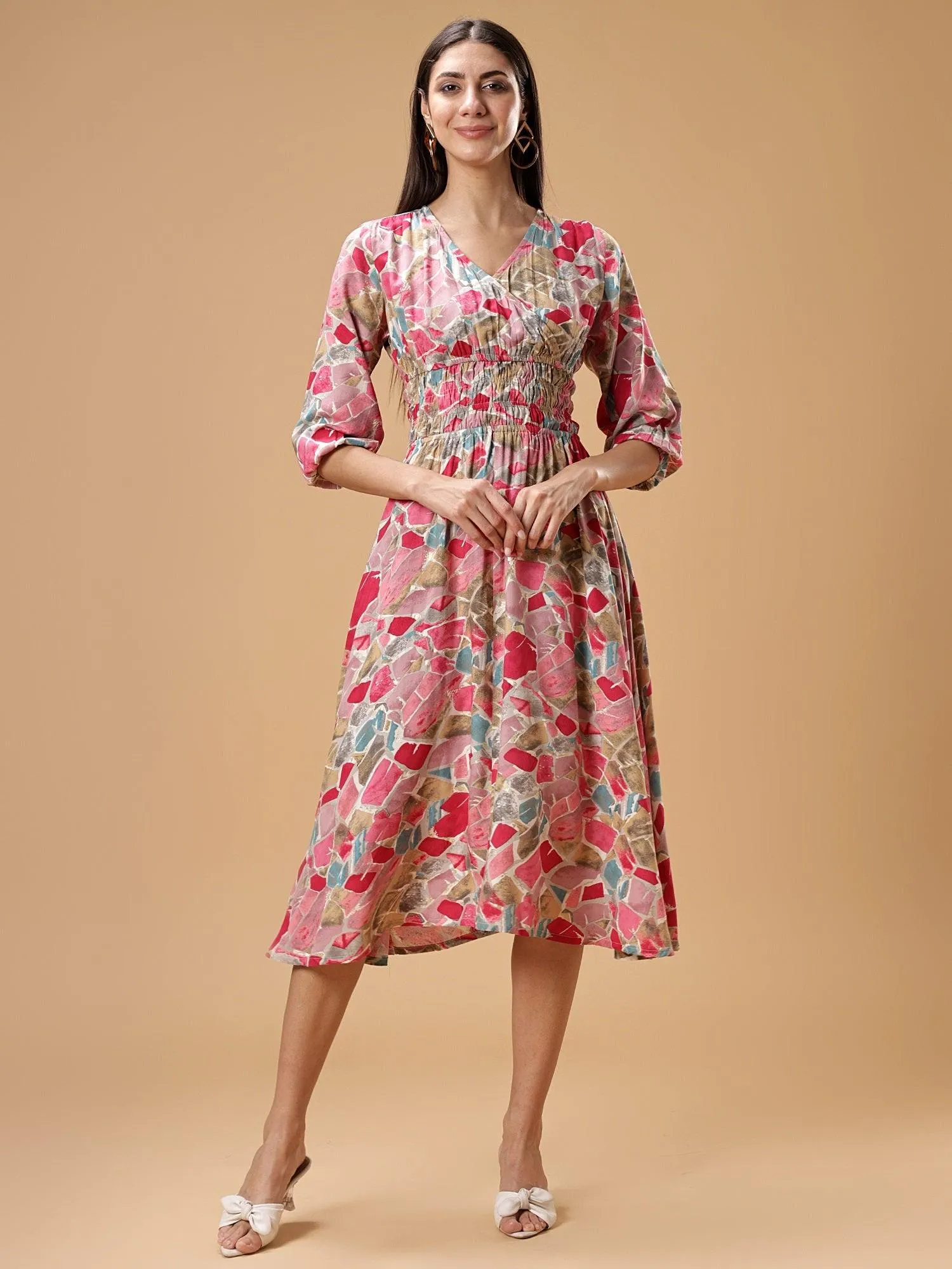 Womens Printed Fit & Flare Midi Dress