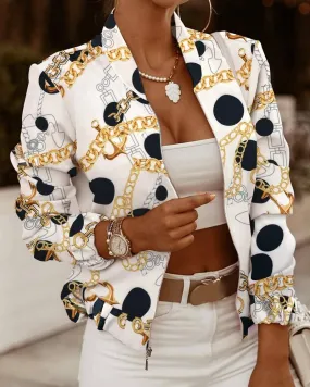 Women's Stand Collar Zip Up Floral Prints Bomber Jacket