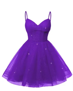 Women's V Neck Tulle Spaghetti Straps Purple Homecoming Dresses with Corset Back Short Prom Gowns for Teens