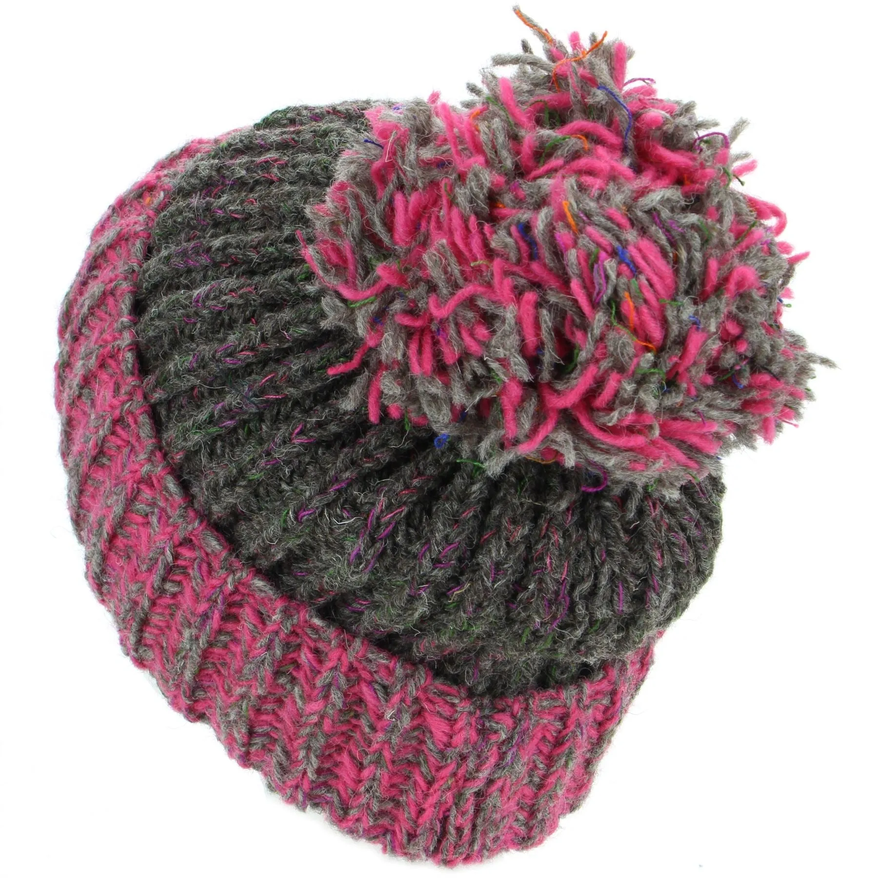 Wool Knit Beanie Bobble Hat - Oatmeal & Pink