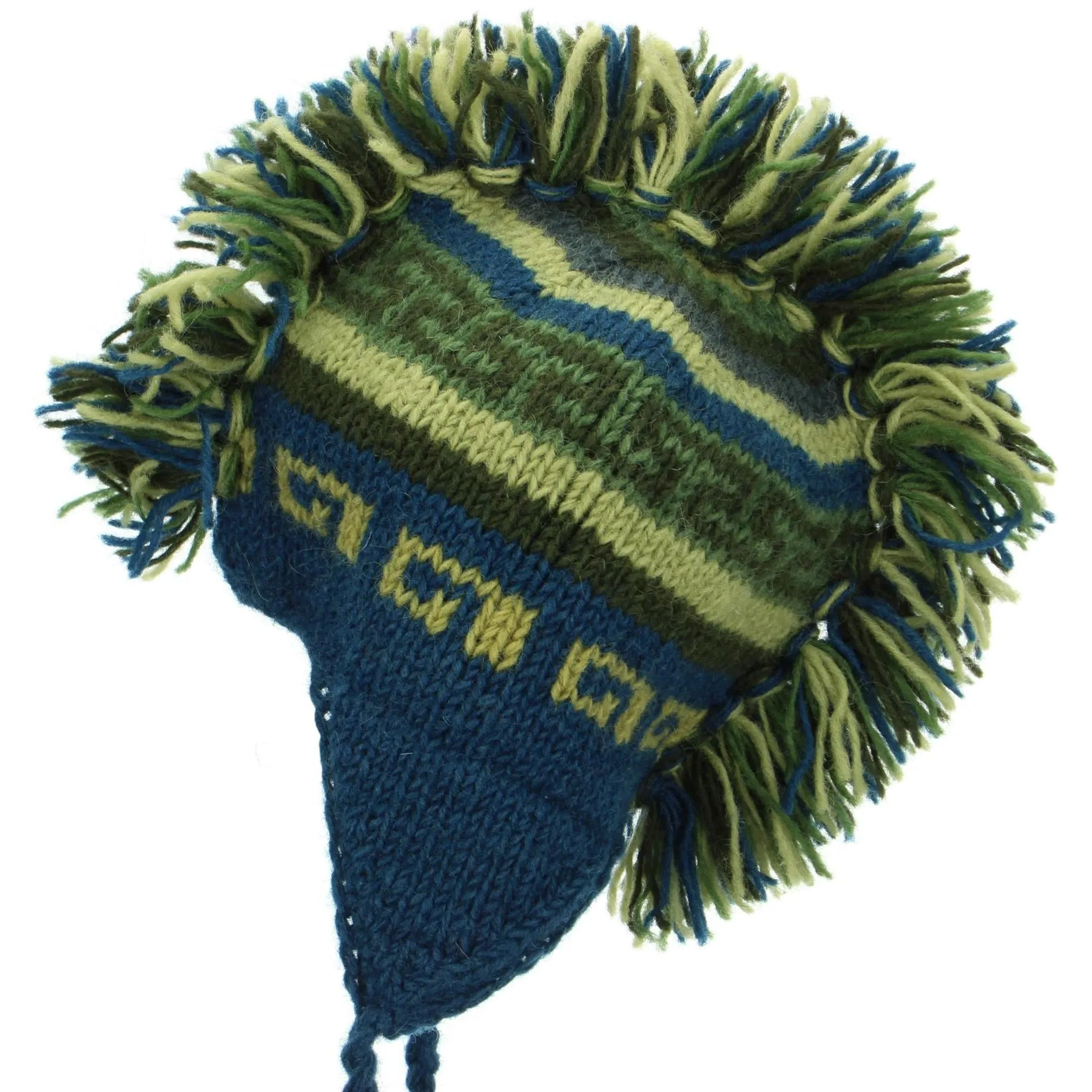 Wool Knit 'Punk' Mohawk Earflap Beanie Hat - Blue & Green