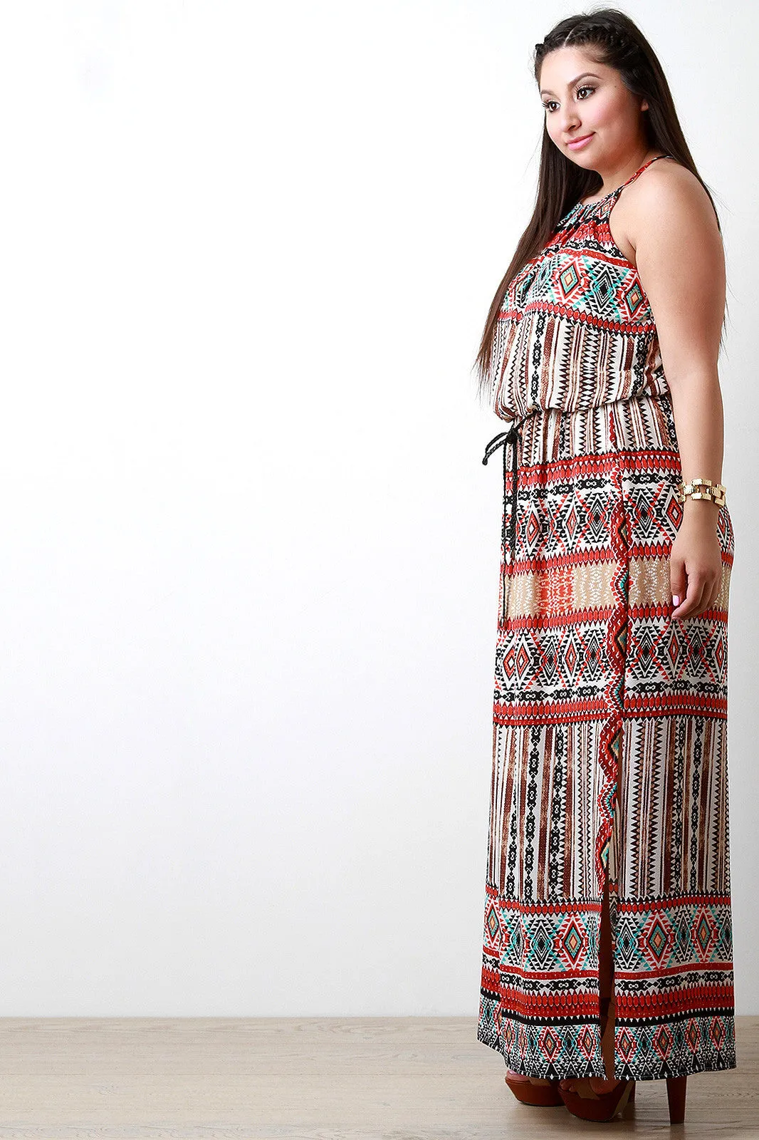 Woven Boho Print Halter Belted Maxi Dress