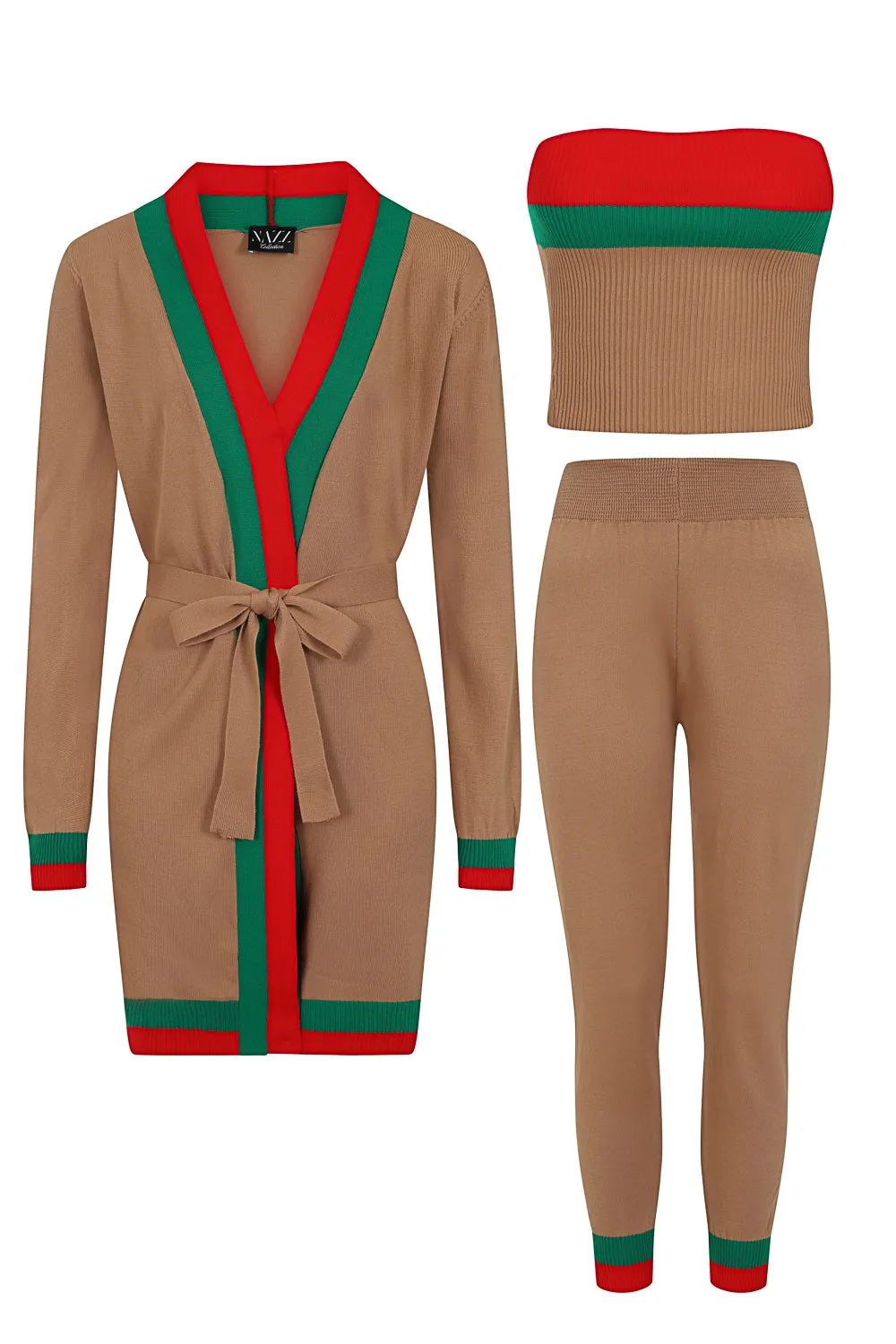 Zara Camel Tan Red and Green Striped Fine Knit 3 Piece Lounge Co-ord Set